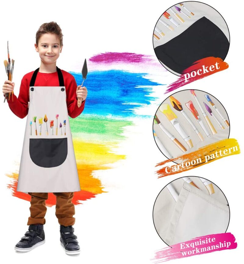 Tablier Enfant, 2 Pièces Tablier Enfants avec Poches, Tablier Peinture Enfant, Réglables Kids Tablier de Chef pour Garçons Filles Artisanat Peinture Cuisine Coloriage, Vert et Jaune（8-12 Ans） – Image 4