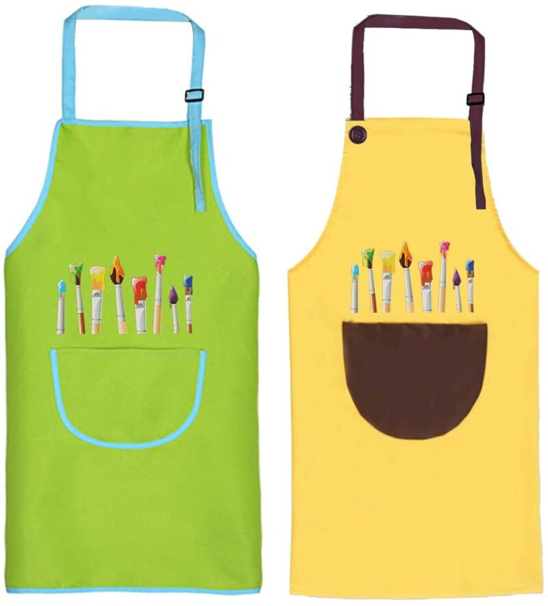 Tablier Enfant, 2 Pièces Tablier Enfants avec Poches, Tablier Peinture Enfant, Réglables Kids Tablier de Chef pour Garçons Filles Artisanat Peinture Cuisine Coloriage, Vert et Jaune（8-12 Ans） – Image 7